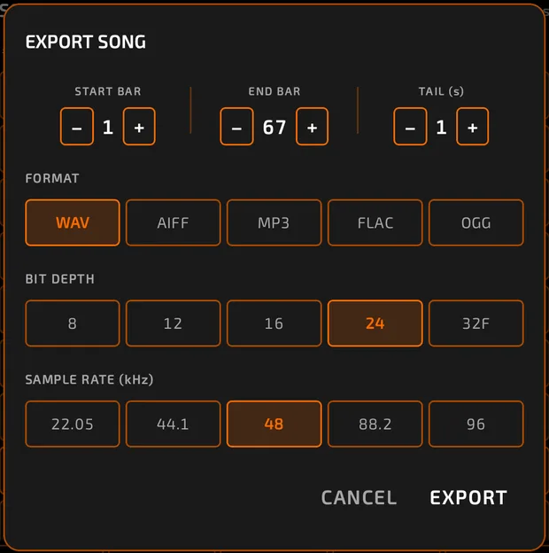 EXPORT SONG dialog