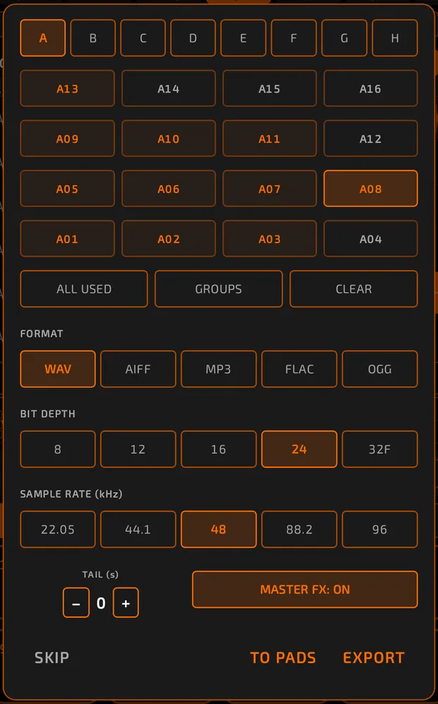 Export stems, options